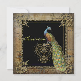 ロマンチックヴィンテージターコイズティール（緑がかった色）結婚ピーコック 招待状