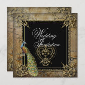 ロマンチックヴィンテージターコイズティール（緑がかった色）結婚ピーコック 招待状 (正面/裏面)