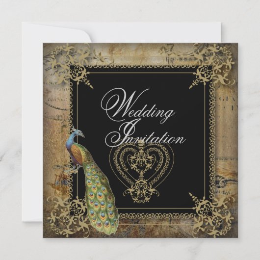 ロマンチックヴィンテージターコイズティール（緑がかった色）結婚ピーコック 招待状 (正面)