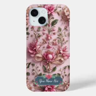 ロマンチックヴィンテージピンクフローラバラ iPhone 15ケース