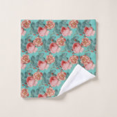 ロマンチックヴィンテージピンクローゼズオンティール（緑がかった色） バスタオルセット (ウォッシュタオル)