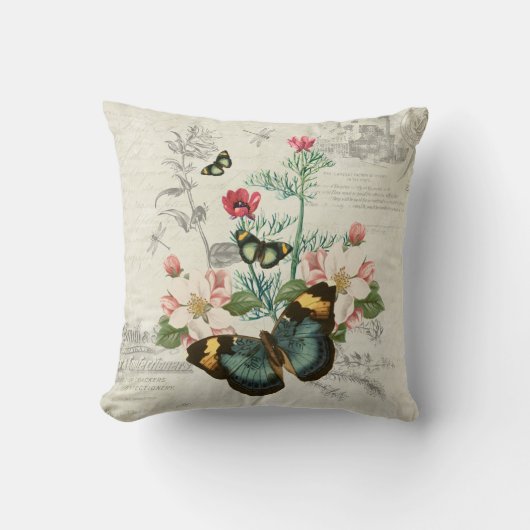 ロマンチックヴィンテージ蝶山花エフェメラ クッション (正面)