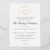 ロマンチック実在なクラシック金ゴールド枠モノグラム結婚の 箔招待状 (正面)