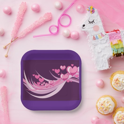 ロマンチック抽象芸術ピンクハートデザインオンパープル ペーパープレート (パーティー)