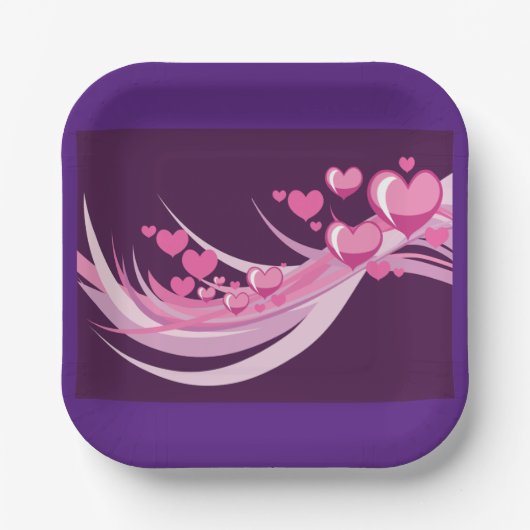 ロマンチック抽象芸術ピンクハートデザインオンパープル ペーパープレート (正面)
