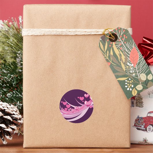 ロマンチック抽象芸術ピンクハートデザインオンパープル ラウンドシール