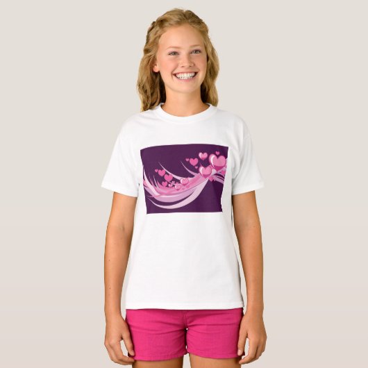 ロマンチック抽象芸術ピンクハートデザインオンパープル Tシャツ (正面フル)