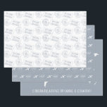 ロマンチック旅行テーマパスポートスタンプマップブルー ラッピングペーパーシート<br><div class="desc">旅行刺激を受けた先の結婚式のカップルや旅行披露宴ブライダルシャワーやテーブルの飾り付けに、旅行用の埃っぽい青いカスタム結婚券、飛行機のハート証跡デザイン、紙を複数のデザインでラッピングするワールドマップパスポート。ロケ地と結婚カップルの名前と日付を入力し、カスタムのビザス結婚タンプとロマンチックな飛行機モノグラムデザインを作成します。その他の色の組み合わせは、紙·グレープ·デスティネーション·デザイナー·ショップ連絡でご覧いただけます。</div>