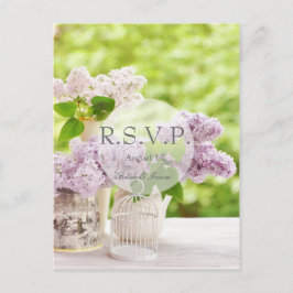 ロマンチック春フラワーフローラホワイト薄紫RSVP インビテーションポストカード