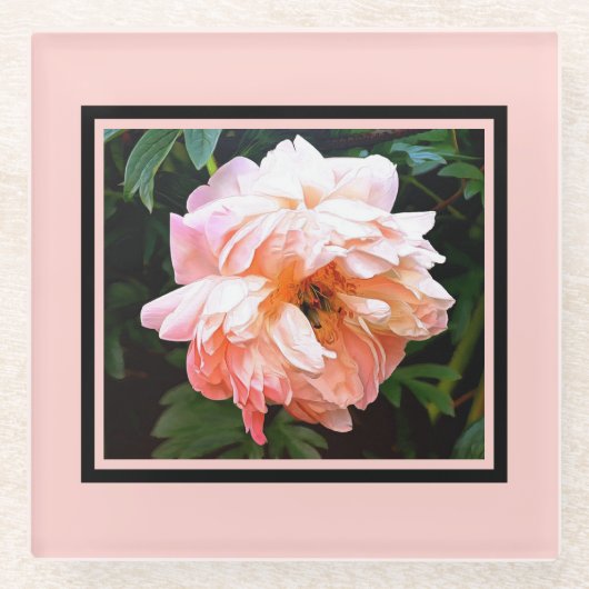 ロマンチック春牡丹イン淡い色のピーチ ガラスコースター (正面)