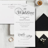 ロマンチック書道白黒結婚ズ オールインワン招待状