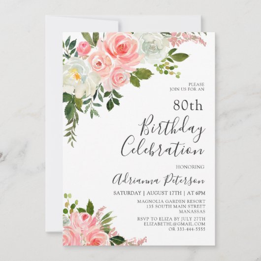 ロマンチック植物性赤面バラフローラ80th誕生日 招待状 (正面)