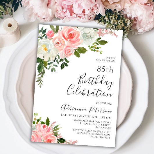 ロマンチック植物性赤面バラフローラ85th誕生日 招待状