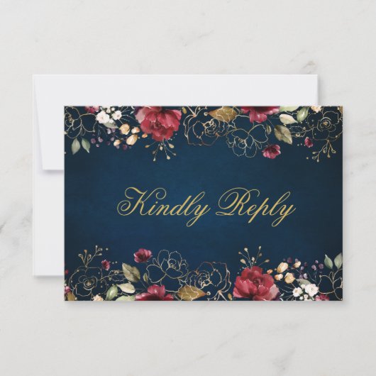 ロマンチック水彩バーガンディ金ゴールドレッドネイビーフローラ 出欠カード (正面)