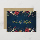 ロマンチック水彩バーガンディ金ゴールドレッドネイビーフローラ 出欠カード (正面/裏面)