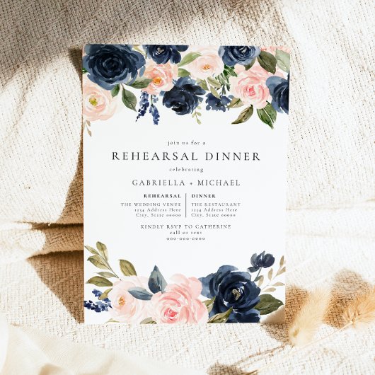 ロマンチック海軍フローラ結婚のリハーサルディナー 招待状