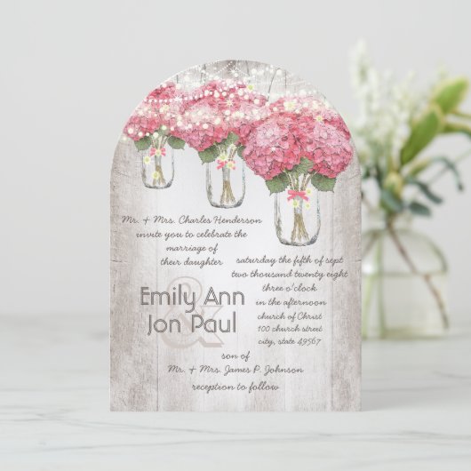 ロマンチック淡い色のなピンクのメーソンヤール結婚ホタル 招待状 (スタンド正面)