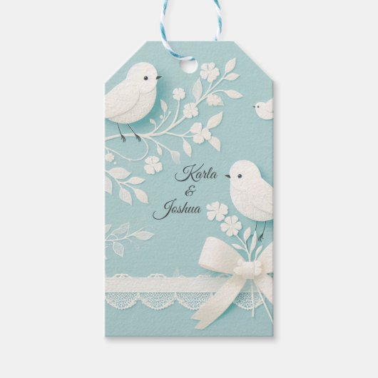 ロマンチック淡い色のなレースと鳥の結婚ティール（緑がかった色） ギフトタグ (正面)