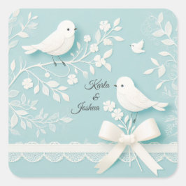 ロマンチック淡い色のなレースと鳥の結婚ティール（緑がかった色） スクエアシール