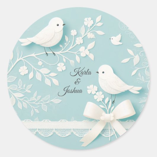 ロマンチック淡い色のなレースと鳥の結婚ティール（緑がかった色） ラウンドシール (正面)