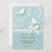 ロマンチック淡い色のなレースと鳥の結婚ティール(緑がかった色) 招待状 (正面)