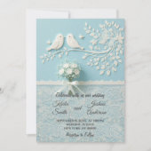 ロマンチック淡い色のなレースと鳥の結婚ティール（緑がかった色） 招待状 (正面)
