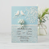 ロマンチック淡い色のなレースと鳥の結婚ティール（緑がかった色） 招待状 (スタンド正面)