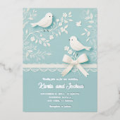 ロマンチック淡い色のなレースと鳥の結婚ティール(緑がかった色) 箔招待状 (正面)