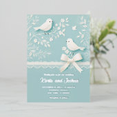 ロマンチック淡い色のなレースと鳥の結婚ティール(緑がかった色) 箔招待状 (立ち正面)