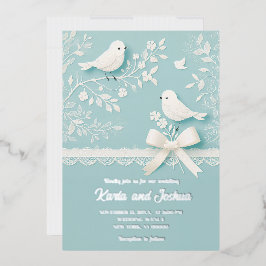 ロマンチック淡い色のなレースと鳥の結婚ティール（緑がかった色） 箔招待状