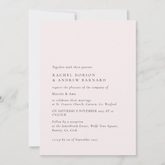 ロマンチック淡い色の赤面ヴェールピンクミニマルシンプル 招待状 (正面)