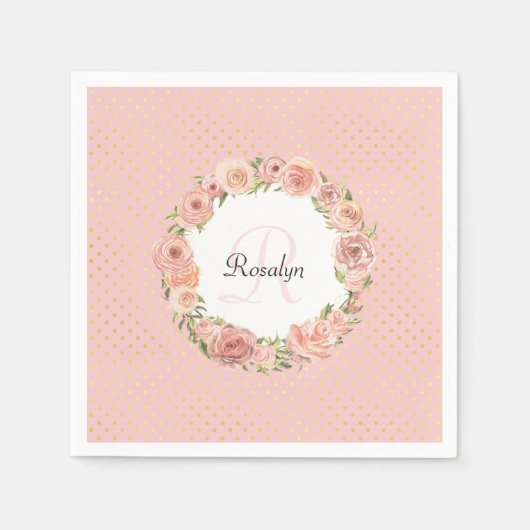 ロマンチック点々のある金ゴールドバラフローラモノグラムの名 スタンダードカクテルナプキン (正面)