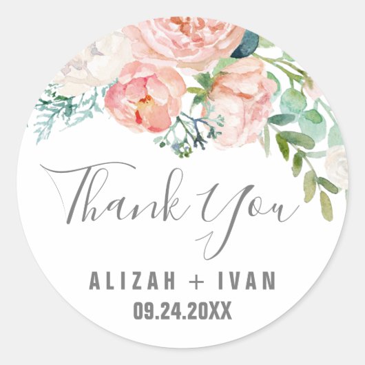 ロマンチック牡丹の花サンキューユー結婚式の引き出物 ラウンドシール (正面)