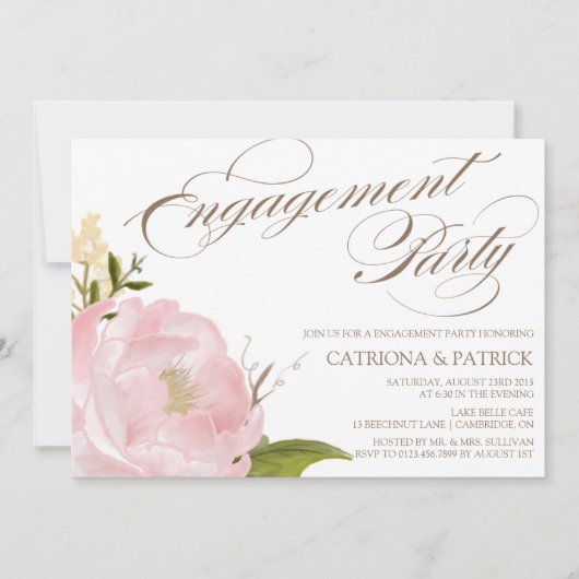 ロマンチック牡丹フラワーエンゲージメントパーティの招待状 招待状 (正面)