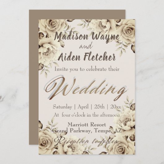 ロマンチック白素朴バラ結婚式招待状 招待状 (正面/裏面)