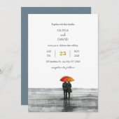 ロマンチック砂浜カップルウォークビーチ結婚式 招待状 (正面/裏面)