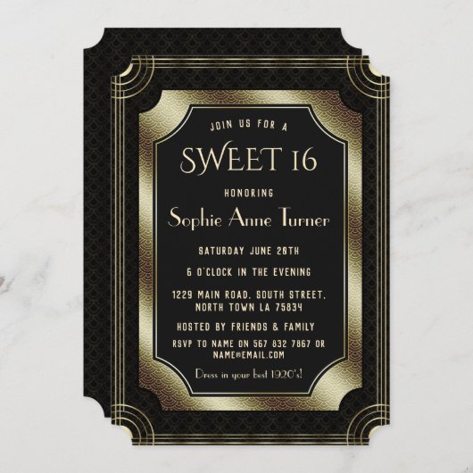 ロマンチック素晴らしブラックギャツビーアールデコ20s SWEET 16 招待状 (正面/裏面)