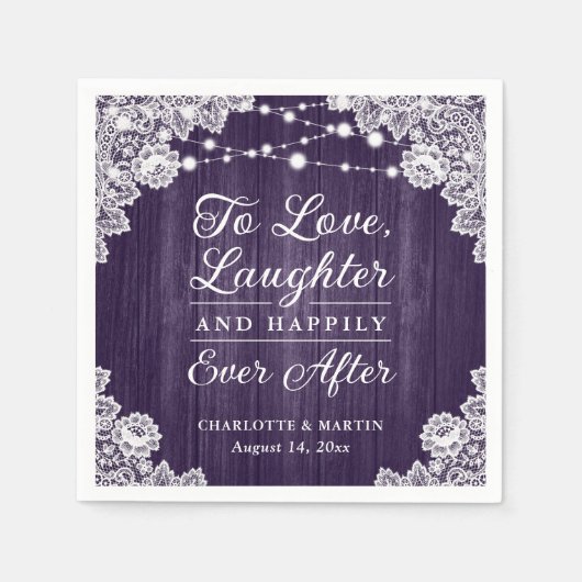 ロマンチック素朴なウッドレースパープル結婚ズ スタンダードカクテルナプキン (正面)
