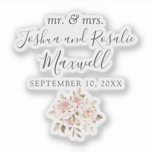 ロマンチック素朴なシャビーバラの名前と結婚日付 シール (正面)
