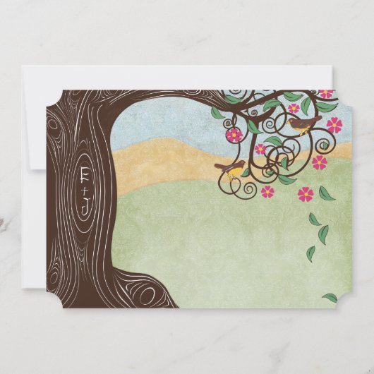 ロマンチック素朴なツリーさくらんぼ花かわいいラブバード 招待状 (裏面)