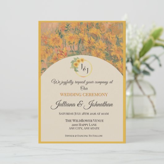ロマンチック素朴なヒマワリ結婚式招待状 招待状 (スタンド正面)