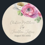 ロマンチック素朴なピンクと白のランヌカルス ラウンドシール<br><div class="desc">これらのヴィンテージスタイル、ロマンチックなシールのラベルは、水色の白とピンクのランナキュラスの花と素朴なパーチメント紙デザインを特徴とする。右下にはフローラの華麗な花束と緑が描かれている。新しいカップルのサンプル名と結婚その日付が上部に印刷される。シールをカスタマイズして、独自の名前をカスタムするや文字を含めることができる。</div>