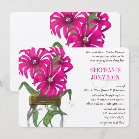 ロマンチック素朴なピンクのメイスンジャールワイルドフラワー結婚ズ 招待状 (正面/裏面)