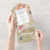 ロマンチック素朴なピンク&赤面バラグリーンQRコード オールインワン招待状 (貼ってはがせる)