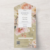 ロマンチック素朴なピンク&赤面バラグリーンQRコード オールインワン招待状 (内側)