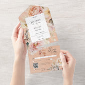 ロマンチック素朴なピンク&赤面バラ桃QRコード オールインワン招待状 (貼ってはがせる)