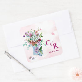 ロマンチック素朴なフローラモノグラムワイルドフラワー結婚ズ スクエアシール