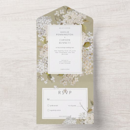 ロマンチック素朴なホワイトライラックonセージNoディナー オールインワン招待状 (内側)