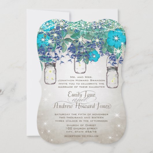ロマンチック素朴なメイソンの瓶が星の下に 招待状 (正面)
