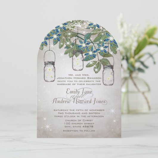 ロマンチック素朴なメイソンの瓶が星の下に 招待状 (スタンド正面)